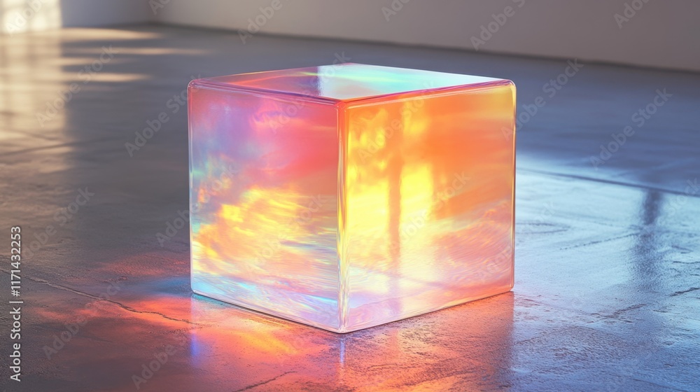 Poster brilliant translucent cube reflecting vibrant colors in an artful sunlight display during a tranquil