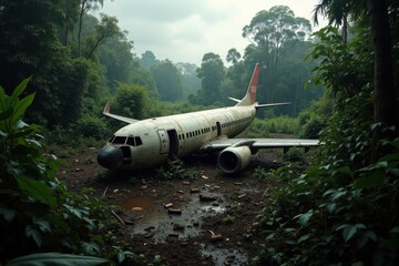 A crashed airplane lies in a dense jungle, surrounded by tall trees and vines. The sky is cloudy, and debris is scattered on the ground with wildlife peeking through the foliage
