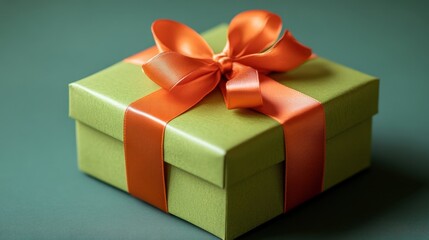 Fototapeta premium Delightful green gift box with a vibrant orange ribbon perfectly presented on a stylish backdrop. Generative AI