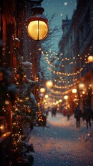 Enchanting Winter Street Scene with Glowing Lanterns and Fairy Lights Under Soft Snowfall - Magical Atmosphere for the Holiday Season and Festivities.