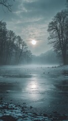 Explore a tranquil winter landscape with a misty river reflecting the sun amidst silhouetted trees creating a serene and peaceful atmosphere in nature.