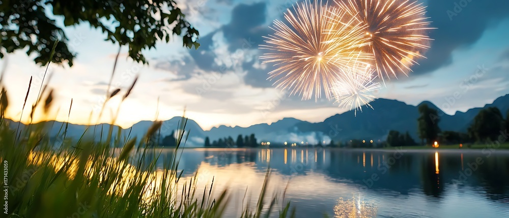 Poster captivating fireworks exploding in a kaleidoscope of colors over a tranquil lake with the vibrant di