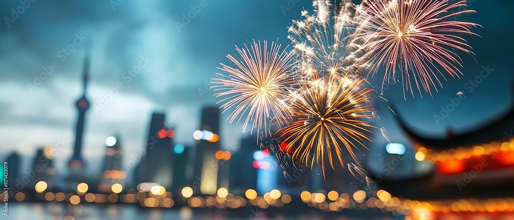 Poster captivating fireworks display with colorful dazzling pyrotechnics exploding over a bustling brightly