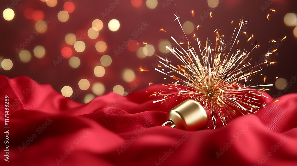 Poster dazzling golden firework shapes bursting against a vibrant red fabric backdrop creating a lively cel