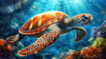 Obraz premium Majestic Turtle Gliding Through Coral Reef Waters