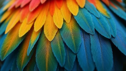 Fototapeta premium Detailed close-up of colorful bird feathers in gradient shades of orange, blue, and green