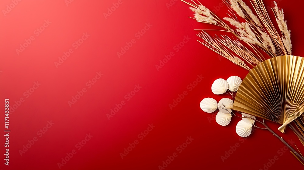 Poster delicate golden fans meticulously arranged in a radiant symmetrical pattern on a rich vibrant red ba