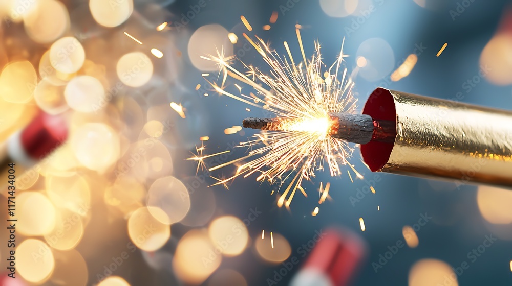 Poster closeup of firecrackers mid explosion emitting a burst of golden sparks creating a dazzling display 
