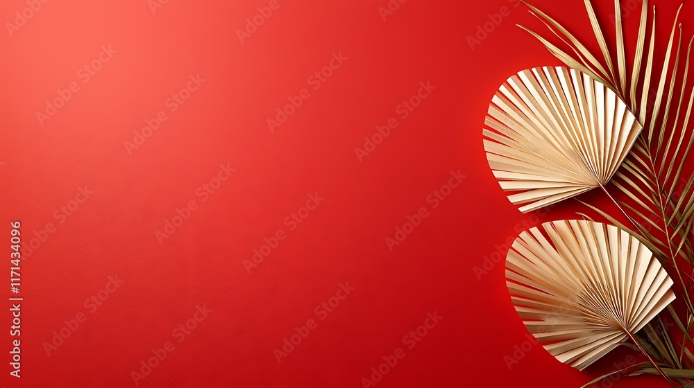 Poster delicate golden palm leaf fans arranged in a radiant symmetrical pattern against a vibrant red backg