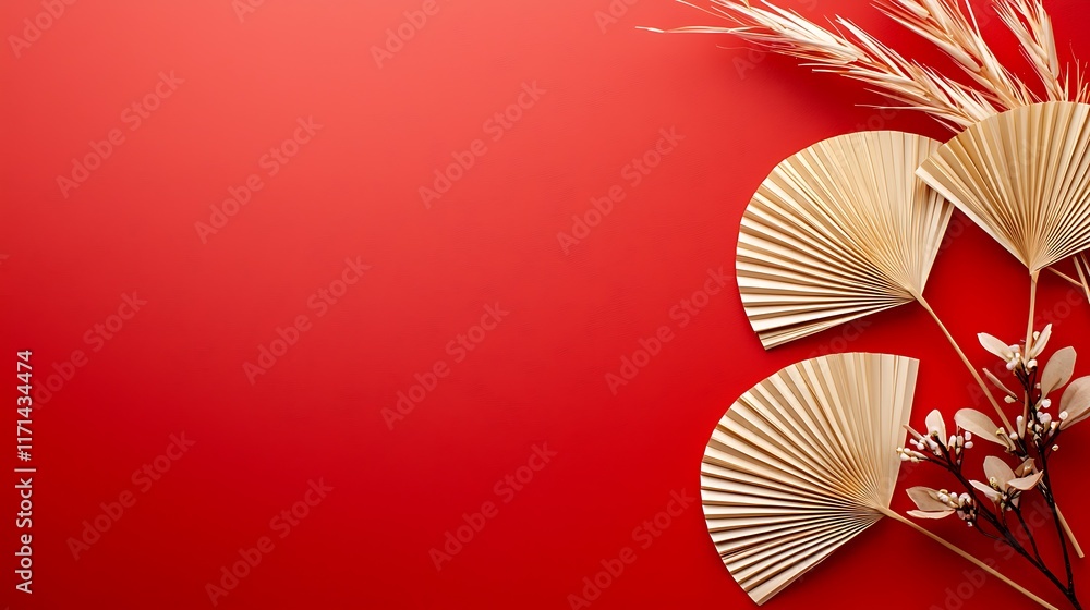 Poster delicate golden paper fans arranged in a captivating radial pattern against a vibrant red background