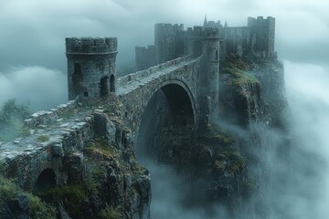 Stone bridge connects clifftop castle in mist.