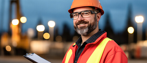 A man wearing a safety vest and a hard hat is smiling and holding a clipboard
