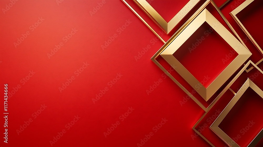 Poster elegant abstract design featuring bold golden geometric frames and patterns on a vibrant red texture