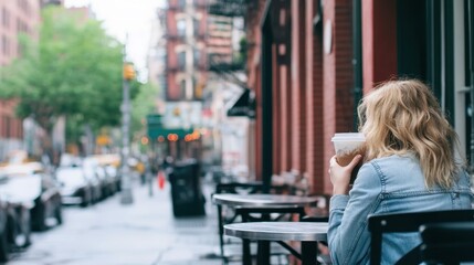 Fototapeta premium A woman with blonde hair holding a coffee cup sits at an outdoor café on a quiet urban street.