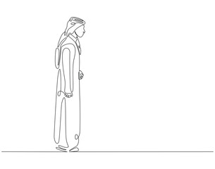 Continuous line drawing of arabian man. Single line illustration of arabic man standing. Islamic, muslim, arab concept. Editable outline
