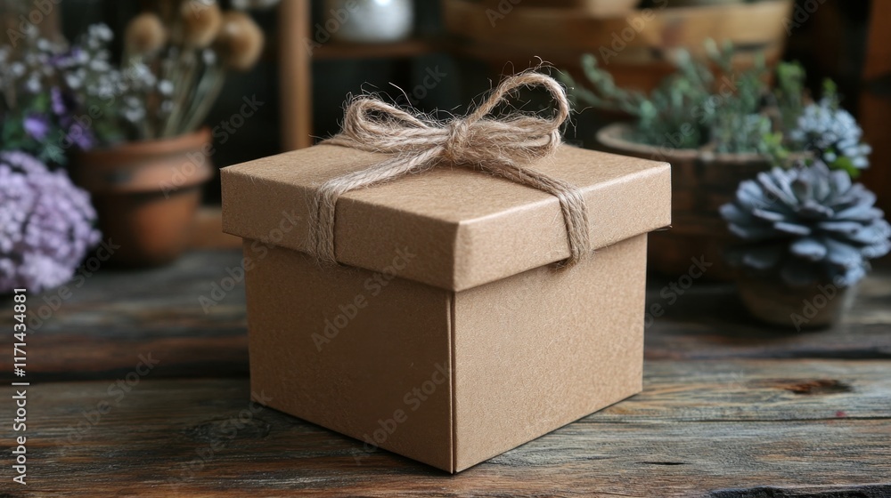 Aufkleber Crafted gift box adorned with twine amidst a rustic setting filled with greenery. Generative AI