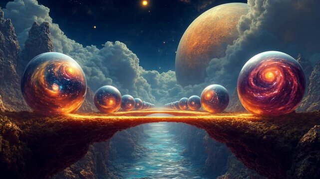 Floating orbs represent parallel universes, connected by glowing energy bridges. Each orb holds a unique world, blending vibrant colors and abstract patterns