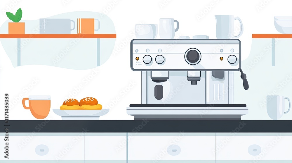 Wall mural Modern kitchen counter with coffee machine, cups, and pastries.