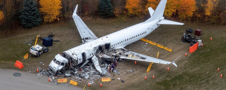 Airplane crash incident at airport aerial view of damaged aircraft in field