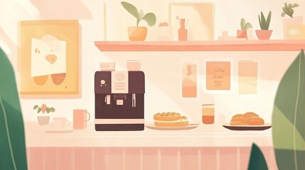 Cozy cafe interior with coffee machine, pastries, and plants. Sunlight streams through the window.