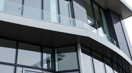 Fototapeta premium Modern Building Exterior with Glass Balcony and Multi-Paned Windows