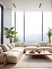 Fototapeta premium A bright and airy living room with minimalist wooden furniture, large indoor plants, and a serene view of the mountains through floor-to-ceiling windows. Generative AI