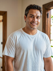 Fototapeta premium Retrato sonriente de un hombre blanco musculoso joven y apuesto de cabello corto y negro con algunas canas en el interior de una habitación vistiendo una camiseta blanca de algodón casual 