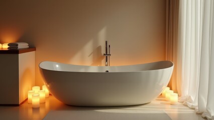 A serene bathroom with a freestanding bathtub, candles, and soft towels, creating a relaxing spa-like feel