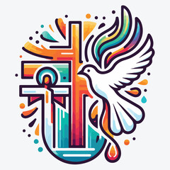 Christian illustration. Church logo. The cross of the Lord and Savior Jesus Christ and the symbol of the Spirit is a dove. stock illustration