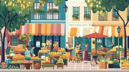 Vibrant street market scene with colorful fruits, vegetables, shoppers, and charming buildings.