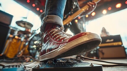 Close up view of a rock musician s foot aggressively pressing down on a guitar pedal while performing live on stage  The energy and passion of the performance is captured in the moment