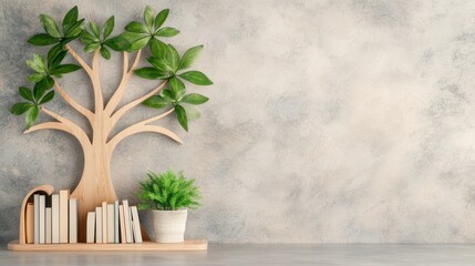 A minimalist tree-shaped bookshelf with colorful books and open pages, set against a light background, blending nature and creativity.