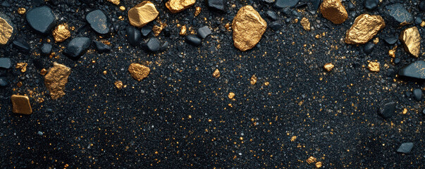 Gold nuggets and black stones creating a luxurious textured background