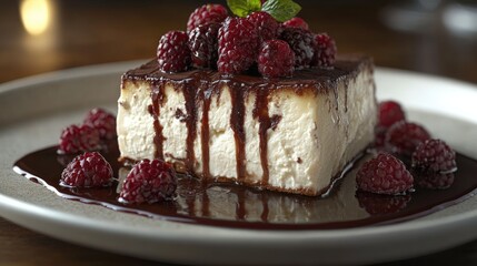 Cheesecake, chocolate, raspberries, delicious dessert.