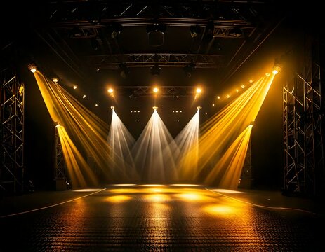 Des projecteurs jaunes et blancs illuminent une sc&egrave;ne sombre, cr&eacute;ant un d&eacute;cor saisissant id&eacute;al pour inspirer des id&eacute;es cr&eacute;atives et pr&eacute;parer une performance captivante Generated image