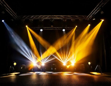 Des projecteurs jaunes et blancs illuminent une sc&egrave;ne sombre, cr&eacute;ant un d&eacute;cor saisissant id&eacute;al pour inspirer des id&eacute;es cr&eacute;atives et pr&eacute;parer une performance captivante Generated image