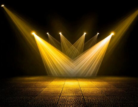 Des projecteurs jaunes et blancs illuminent une sc&egrave;ne sombre, cr&eacute;ant un d&eacute;cor saisissant id&eacute;al pour inspirer des id&eacute;es cr&eacute;atives et pr&eacute;parer une performance captivante Generated image