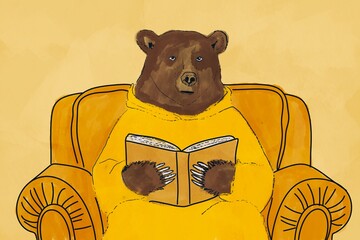 A bear reading a book in a cozy armchair