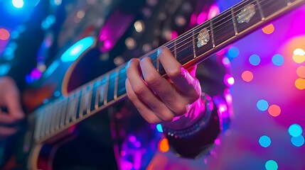 Obraz premium Close up view of a rock musician s skilled hands gripping the neck of an electric guitar during a dynamic live show performance on stage showcasing the passion and technical expertise of the