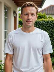 Fototapeta premium Hombre blanco joven de cabello corto vistiendo una camiseta blanca de algodón casual al aire libre en verano 