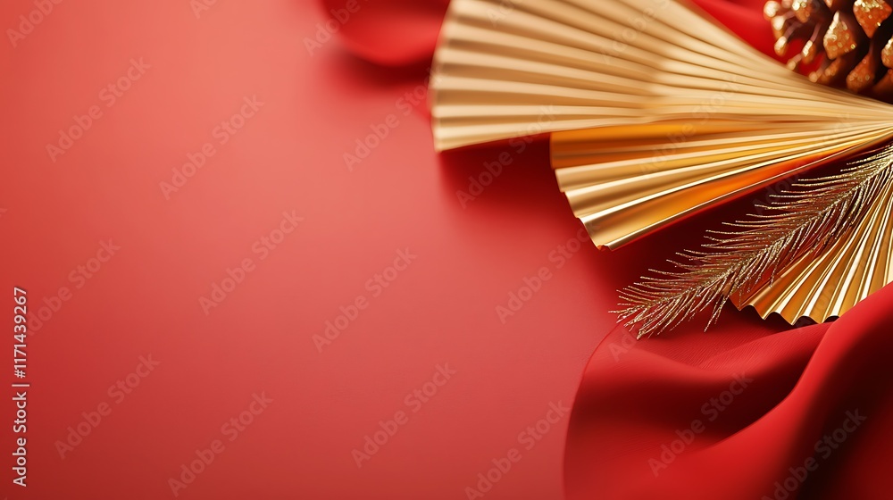 Aufkleber elegant glowing gold and red fan shaped ornaments creating a festive traditional pattern against a s