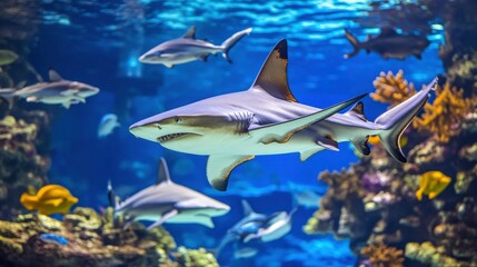 Obraz premium Sharks Swimming Gracefully in Open Ocean Scene