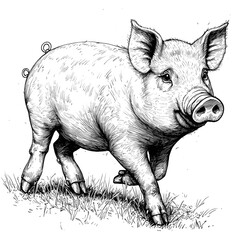 Fototapeta premium Playful Piglet in the Pasture: A Charming Vintage Illustration