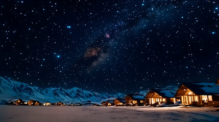 Night sky over snowy mountain village.