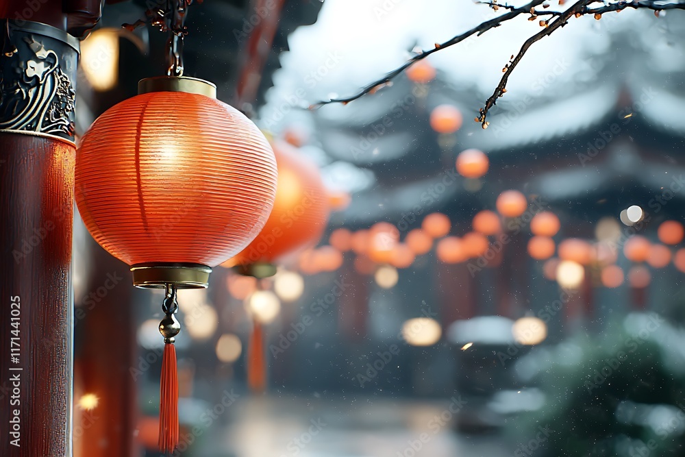 Aufkleber glowing red lanterns hanging from the branches of trees and lining the paths leading to an ancient a