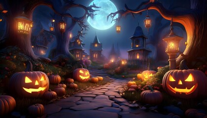 Enchanting Halloween Village Night Scene Pumpkins Cobblestone Path Moonlit Fantasy