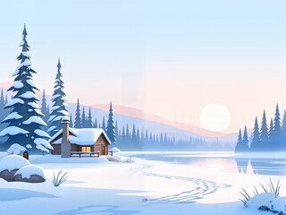 Fototapeta premium A serene winter landscape at dawn, with soft pastel colors in the sky. Snow-covered pine trees line the horizon, and the ground is blanketed in a thick layer of fresh, untouched snow. A frozen lake re