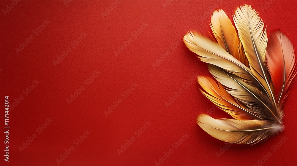 Poster elegant golden feathers arranged in a circular symmetrical pattern on a vibrant red background this 