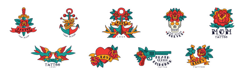 Old School Traditional Tattoos Emblem Vector Set