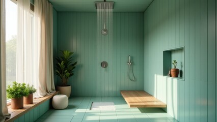 A modern bathroom with a rain shower, soothing colors, and greenery, creating a tranquil and cozy retreat